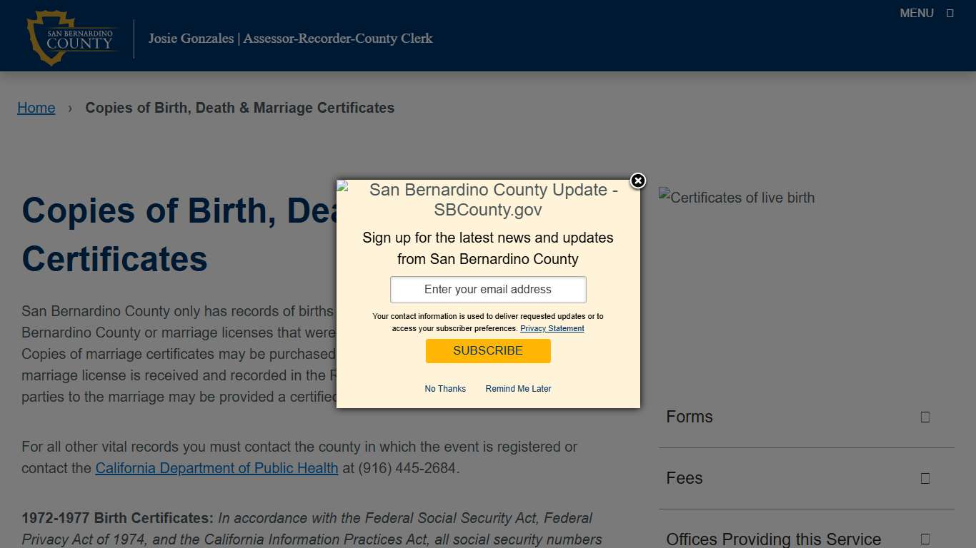 Copies of Birth, Death & Marriage Certificates – San Bernardino County Assessor
